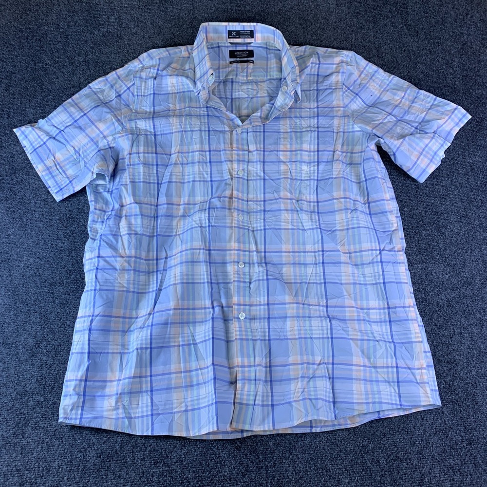 Smartcare Nordstrom Shirt Mens 2XL Blue Plaid Regular Fit Short Sleeve Button Up